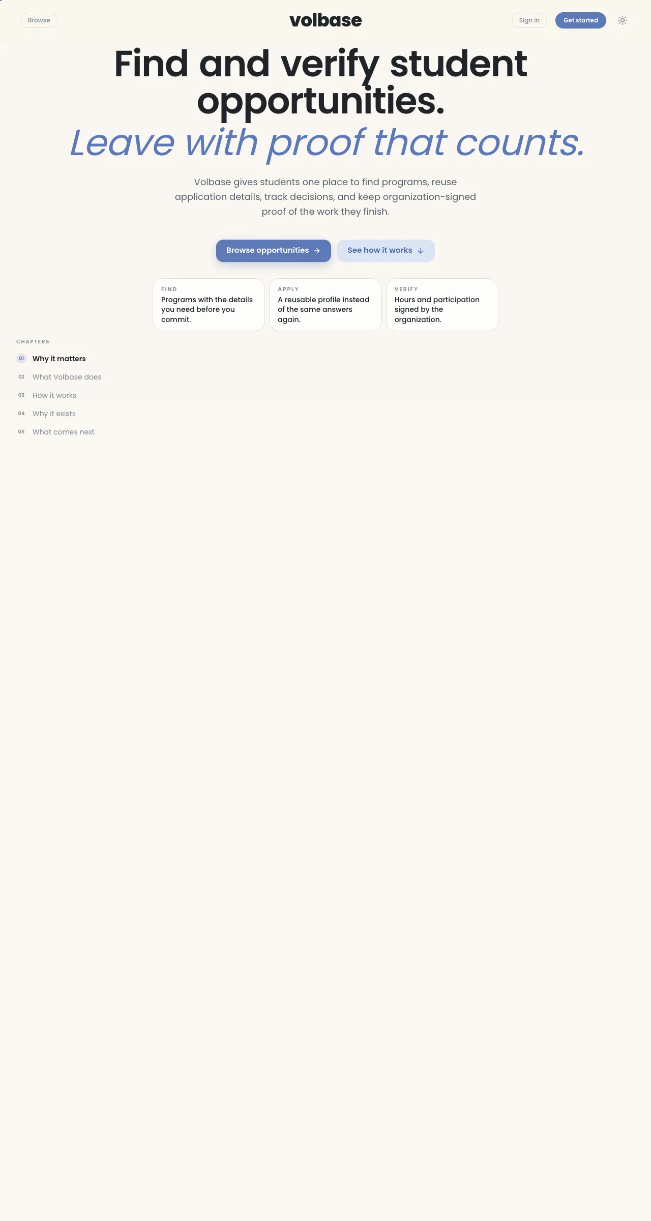 The live volbase.app landing page
